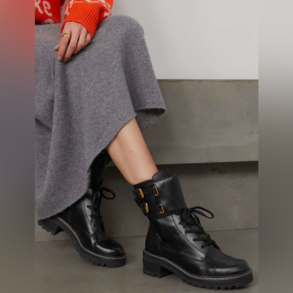 See by Chloe ‘Mallory’ Mid-Calf Grained Leather Combat Boot